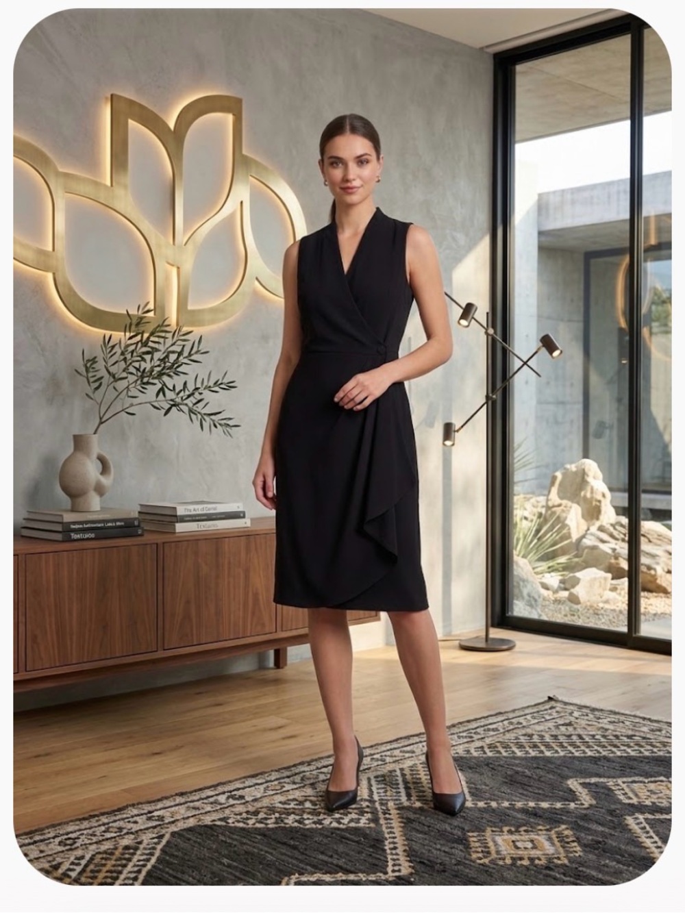 Jones New York Black Sleeveless Faux-Wrap Sheath Dress